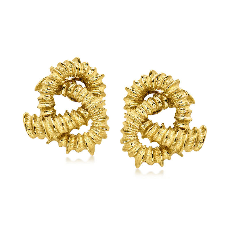18kt yellow gold knotted clip-on hoop earrings, spiral textured ring design