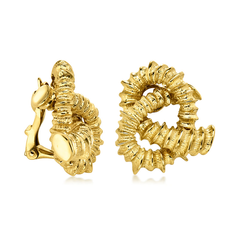 Yellow gold clip-on earrings with knotted, ribbed hoop front and hinged clasp