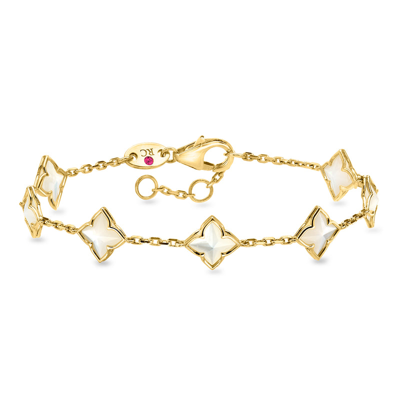 18kt yellow gold station bracelet with mother-of-pearl diamond charms and chain links