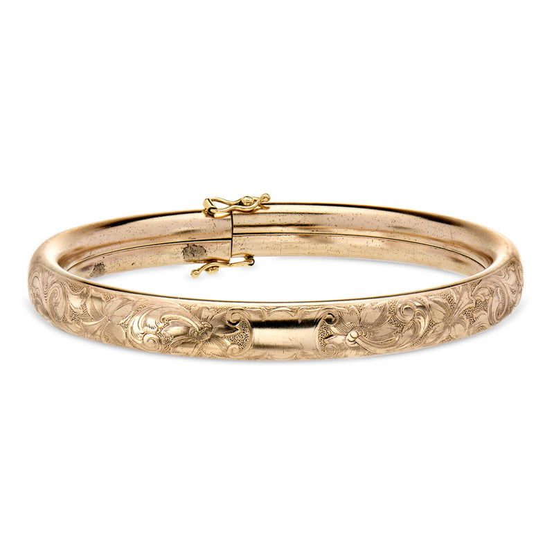 Vintage gold-filled floral etched bangle bracelet with clasp, openwork edge