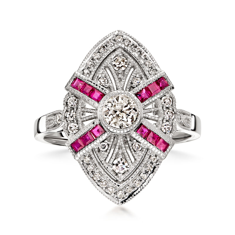 C. 2000 Vintage .26 ct. t.w. Ruby and .45 ct. t.w. Diamond Navette Ring in Platinum. Size 6.25