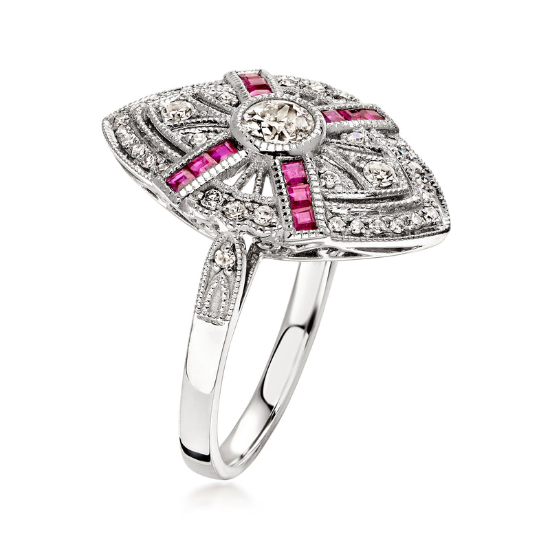 C. 2000 Vintage .26 ct. t.w. Ruby and .45 ct. t.w. Diamond Navette Ring in Platinum. Size 6.25