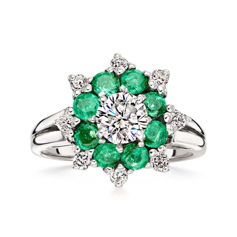 C. 1990 Vintage 1.00 ct. t.w. Emerald and .79 ct. t.w. Diamond Flower Ring in 14kt White Gold. Size 5