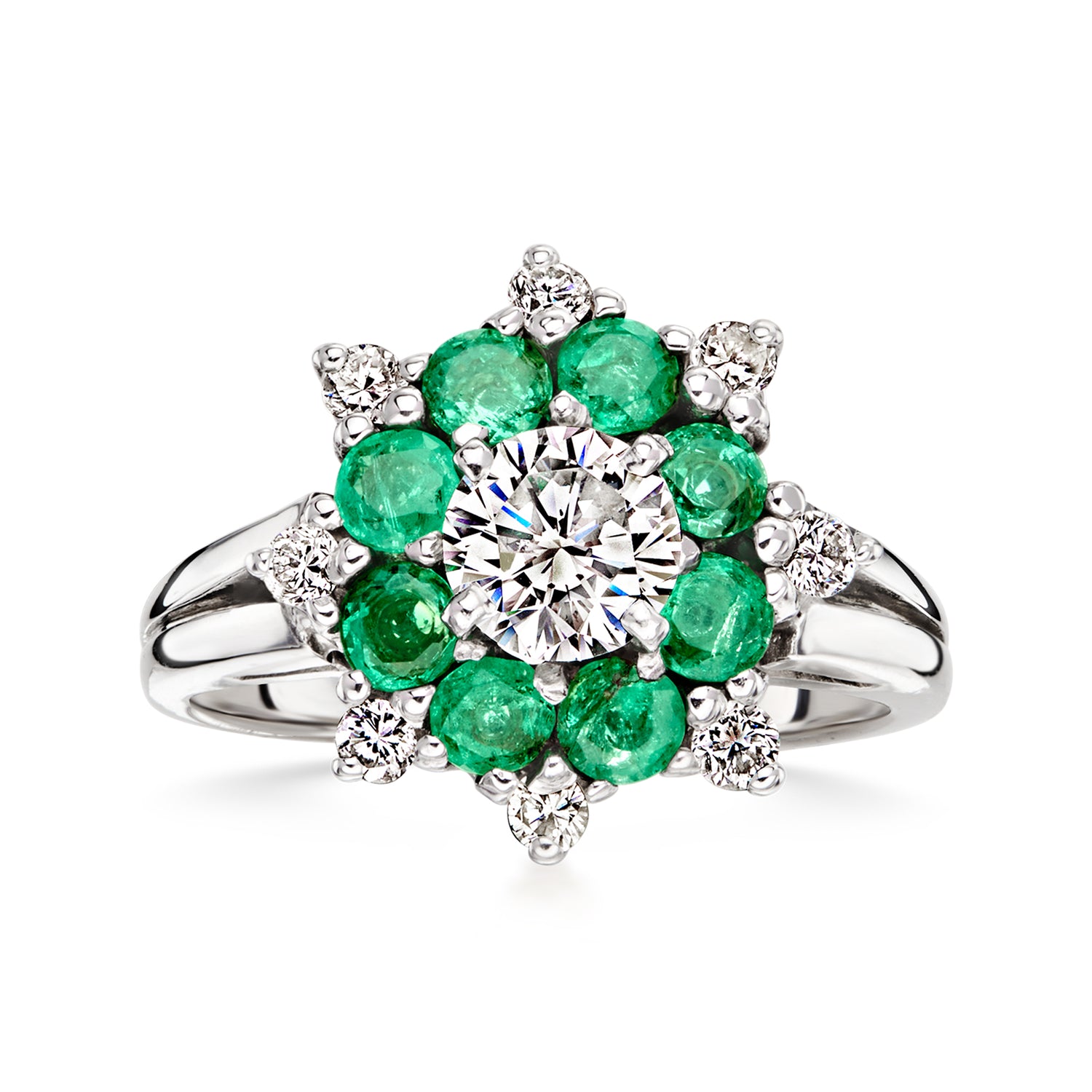 C. 1990 Vintage 1.00 ct. t.w. Emerald and .79 ct. t.w. Diamond Flower Ring in 14kt White Gold