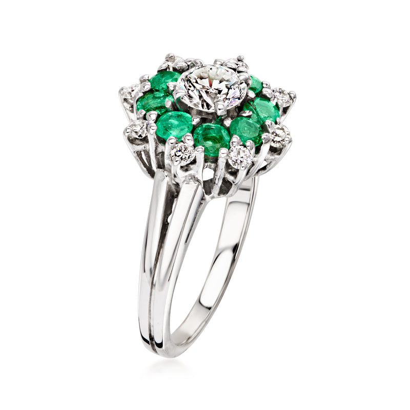 C. 1990 Vintage 1.00 ct. t.w. Emerald and .79 ct. t.w. Diamond Flower Ring in 14kt White Gold. Size 5