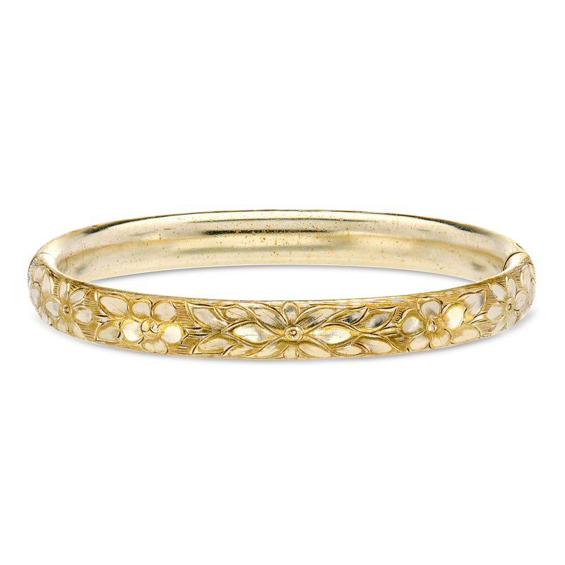 Vintage gold-filled floral etched bangle bracelet with engraved leaf motif