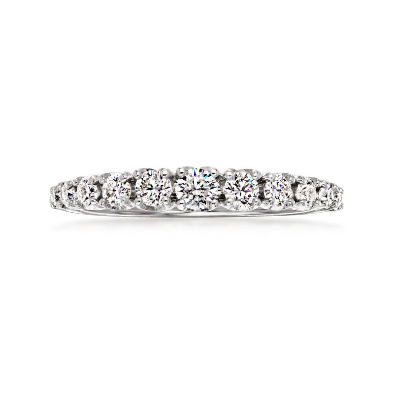 14kt white gold diamond band with a row of round brilliant-cut stones