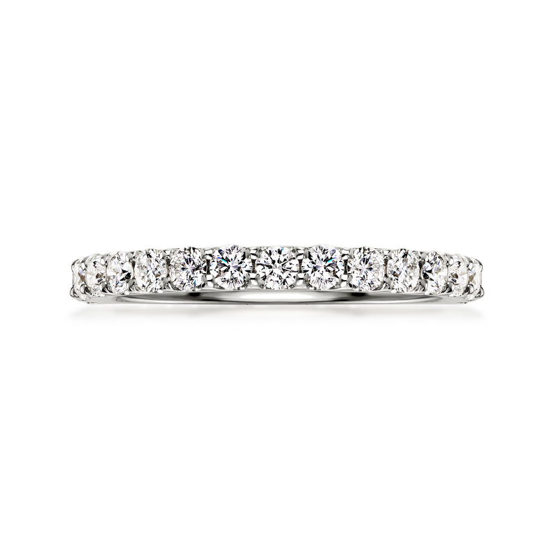 14k white gold diamond ring with prong-set round stones, full row band