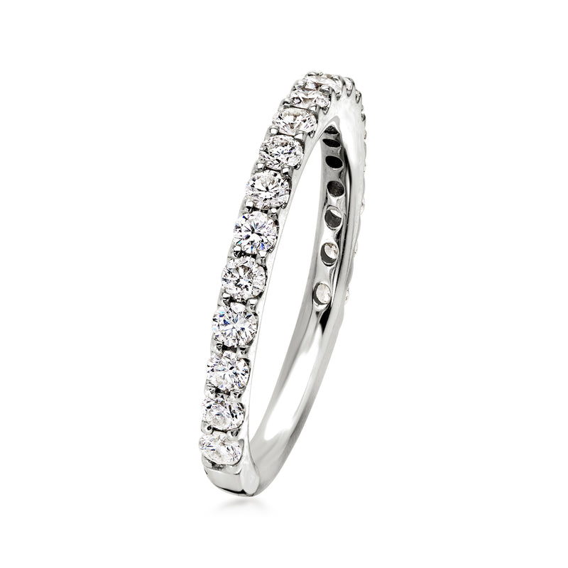 14k white gold diamond ring, side view of prong-set round stones on band