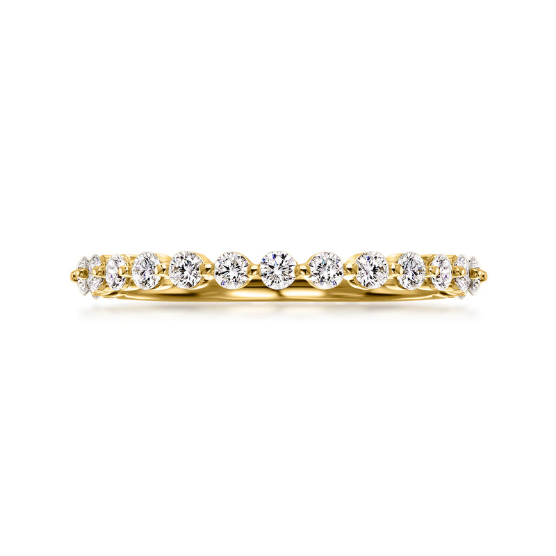 14k yellow gold diamond ring with round stones along the band