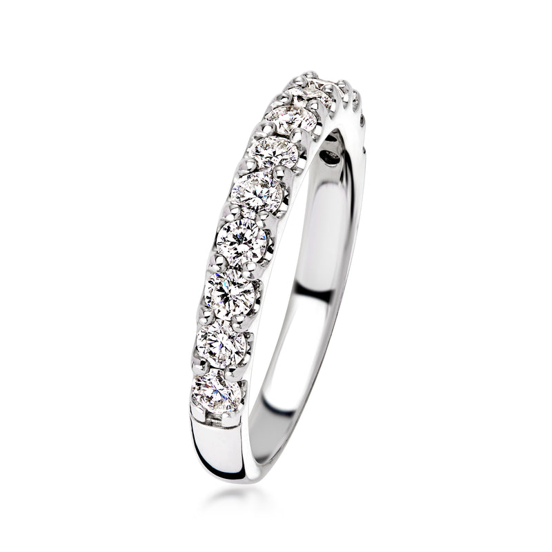14kt white gold diamond band, oval-cut stones set along the curved top