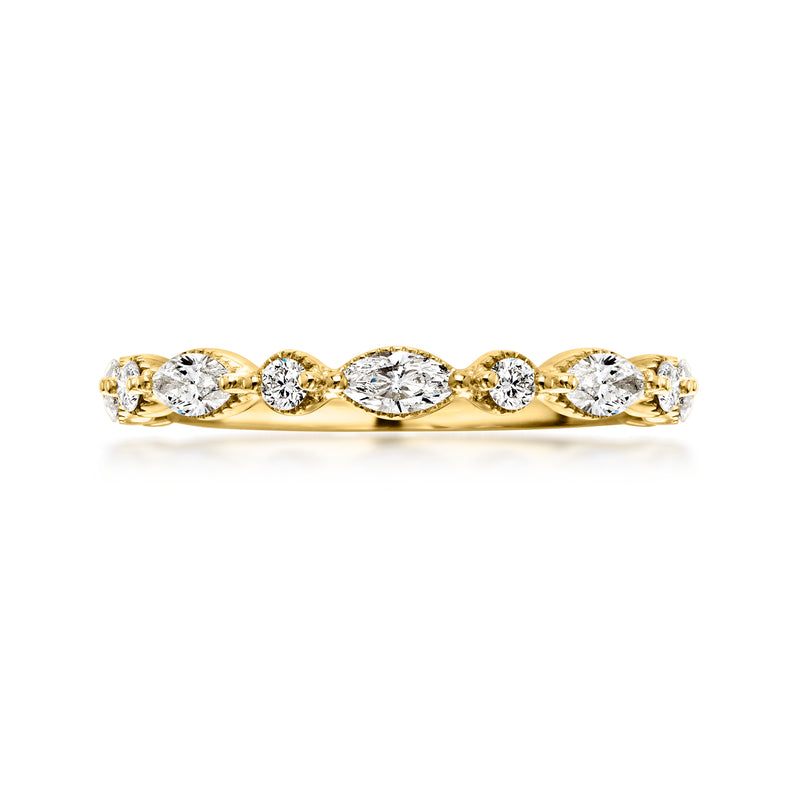 14kt yellow gold diamond band with five oval and round bezel-set stones