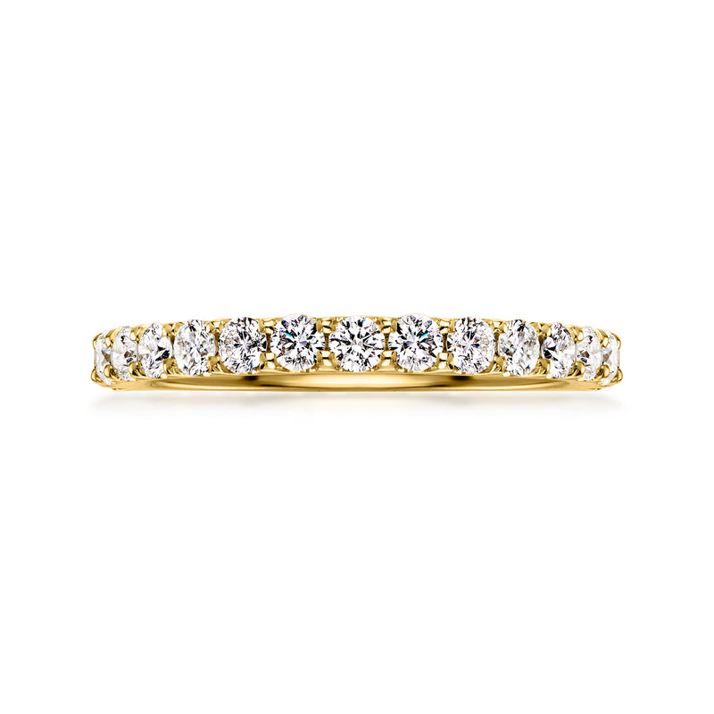 14kt yellow gold diamond tennis-style ring with round stones across the band