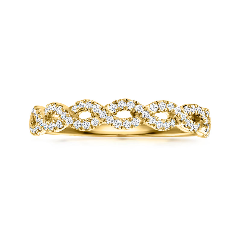 14kt yellow gold diamond twist ring with linked oval stones, pave accents
