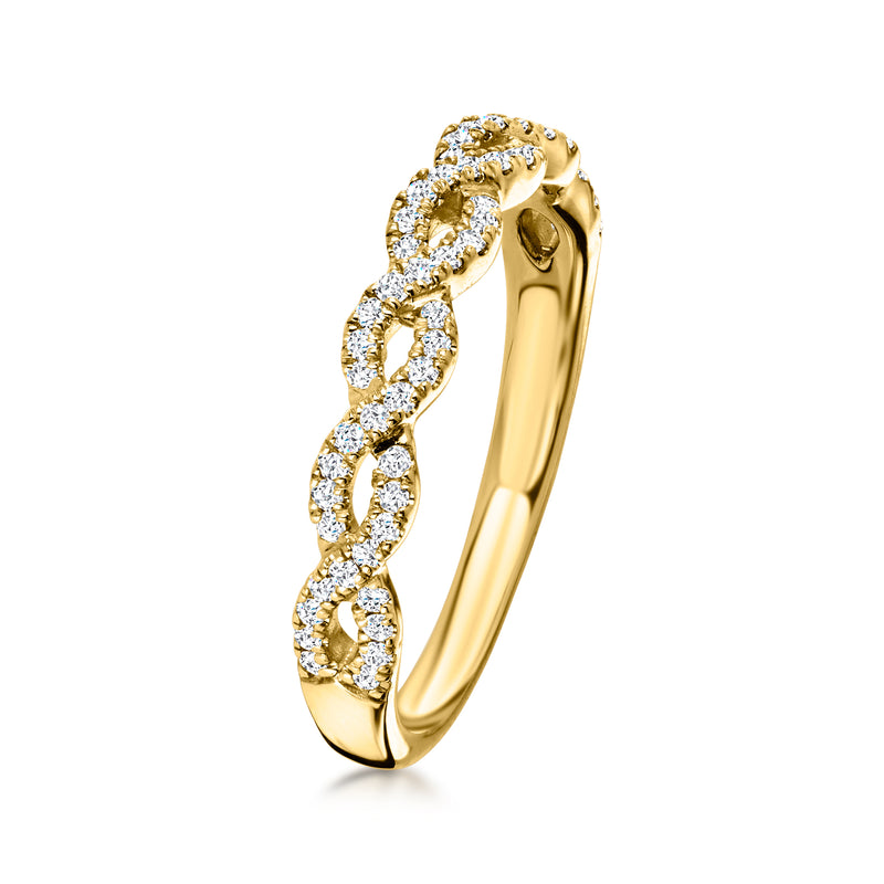 14kt yellow gold diamond twist band with curved linked halo stones, side view