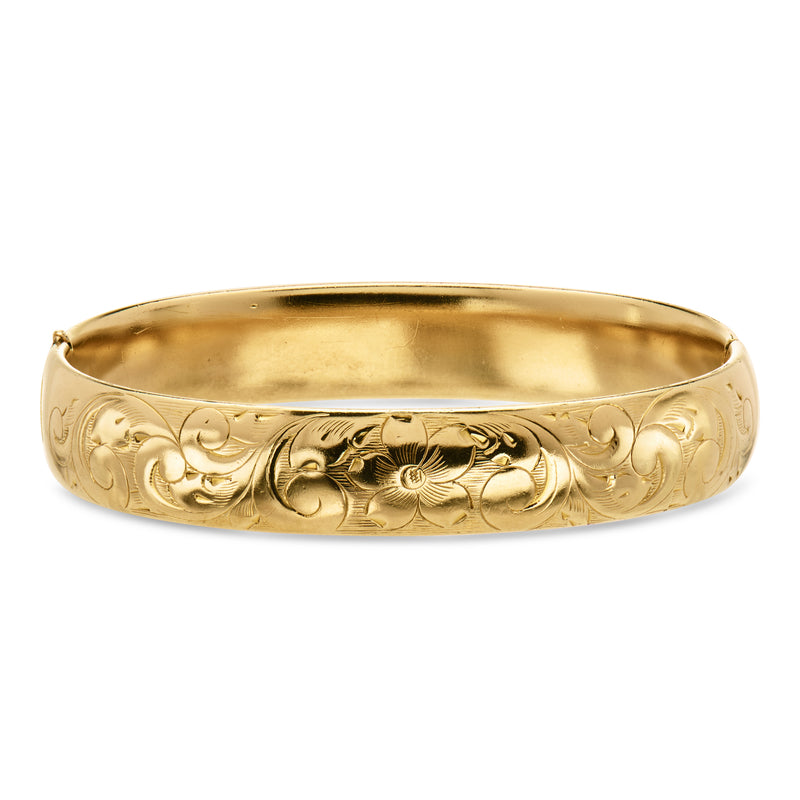 Vintage gold-filled floral etched bangle bracelet, polished gold finish