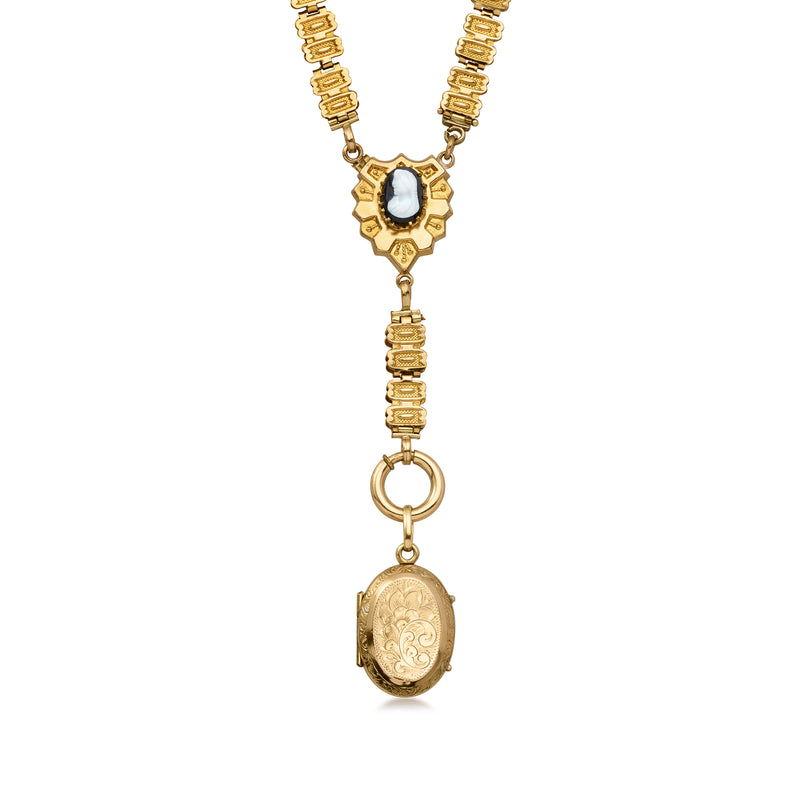 Gold-filled vintage drop necklace with cameo centerpiece and engraved oval locket