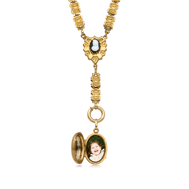 Gold-filled vintage drop necklace with cameo centerpiece and open oval locket photo
