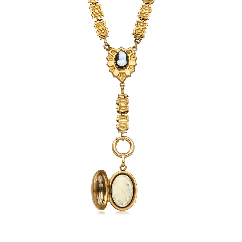 Gold-filled vintage cameo locket drop necklace with hinged oval front and back