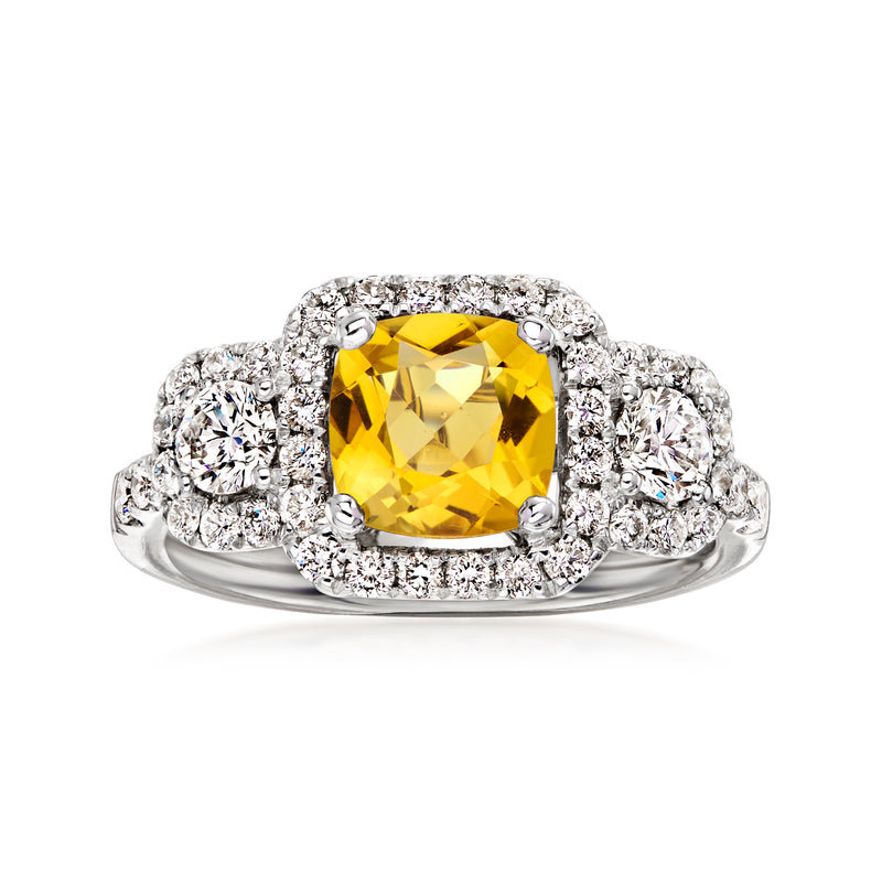 C. 2000 Vintage 1.20 Carat Citrine Ring with .95 ct. t.w. Diamonds in 18kt White Gold. Size 6.75