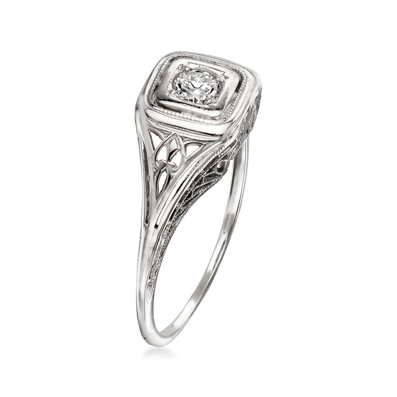 Vintage white gold diamond filigree ring, square center stone with lattice sides
