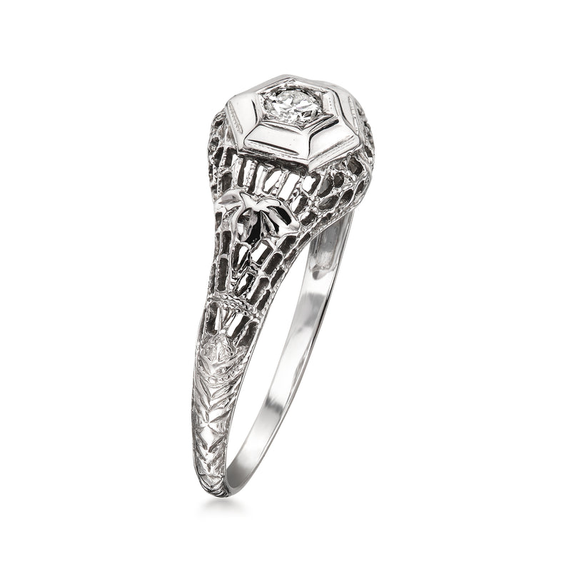 18kt white gold filigree diamond ring with raised square setting and perforated band