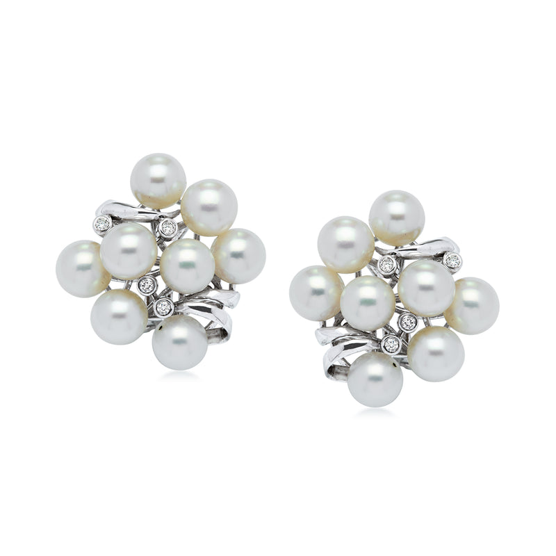 C. 1980 Vintage 6-6.5mm Cultured Pearl Cluster Earrings with .12 ct. t.w. Diamonds in 14kt White Gold