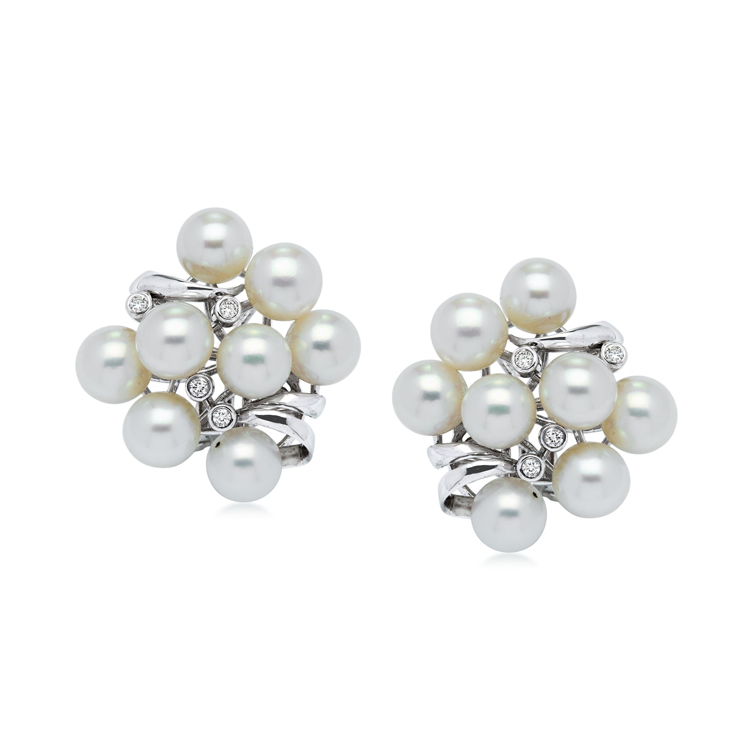 C. 1980 Vintage 6-6.5mm Cultured Pearl Cluster Earrings with .12 ct. t.w. Diamonds in 14kt White Gold