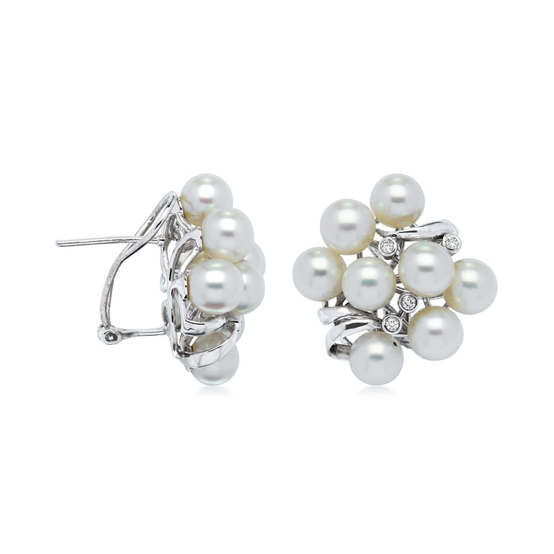 C. 1980 Vintage 6-6.5mm Cultured Pearl Cluster Earrings with .12 ct. t.w. Diamonds in 14kt White Gold