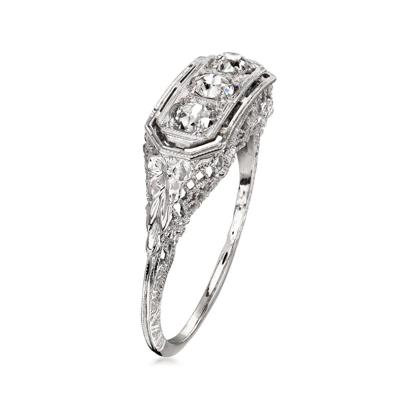 Vintage 18kt white gold diamond ring with rectangular filigree setting and three stones