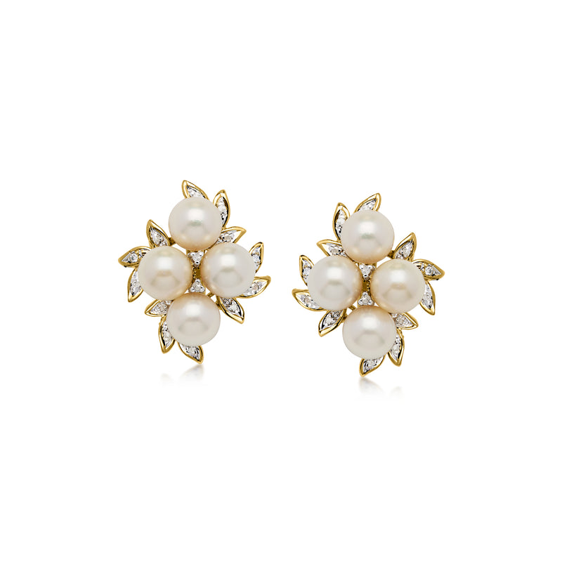C. 1970 Vintage 6.5-7mm Cultured Pearl Leaf Earrings with .28 ct. t.w. Diamonds in 14kt Yellow Gold