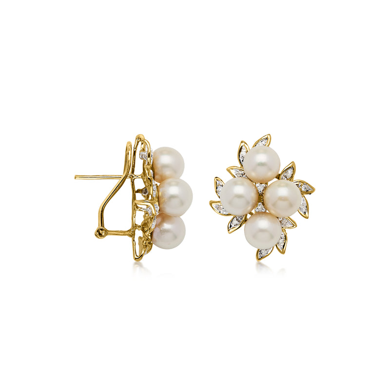 C. 1970 Vintage 6.5-7mm Cultured Pearl Leaf Earrings with .28 ct. t.w. Diamonds in 14kt Yellow Gold