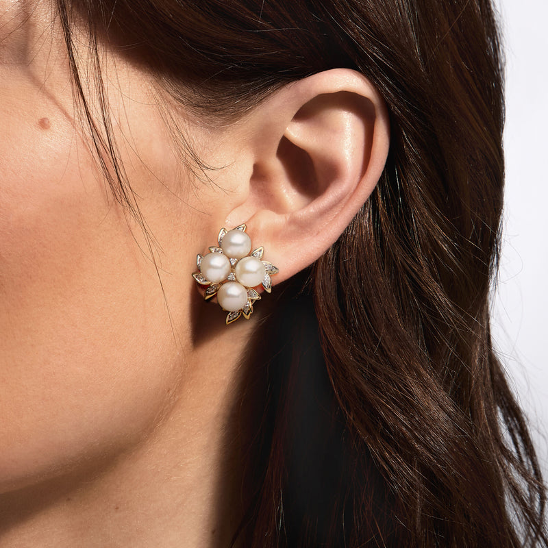 C. 1970 Vintage 6.5-7mm Cultured Pearl Leaf Earrings with .28 ct. t.w. Diamonds in 14kt Yellow Gold