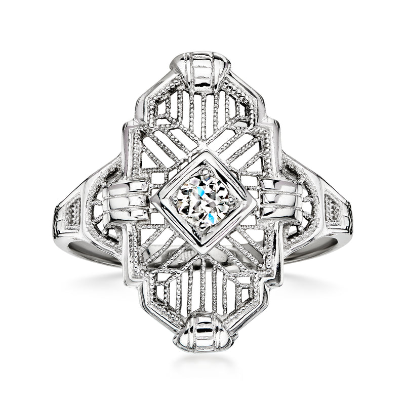 18k white gold diamond openwork ring with square center stone and lattice setting