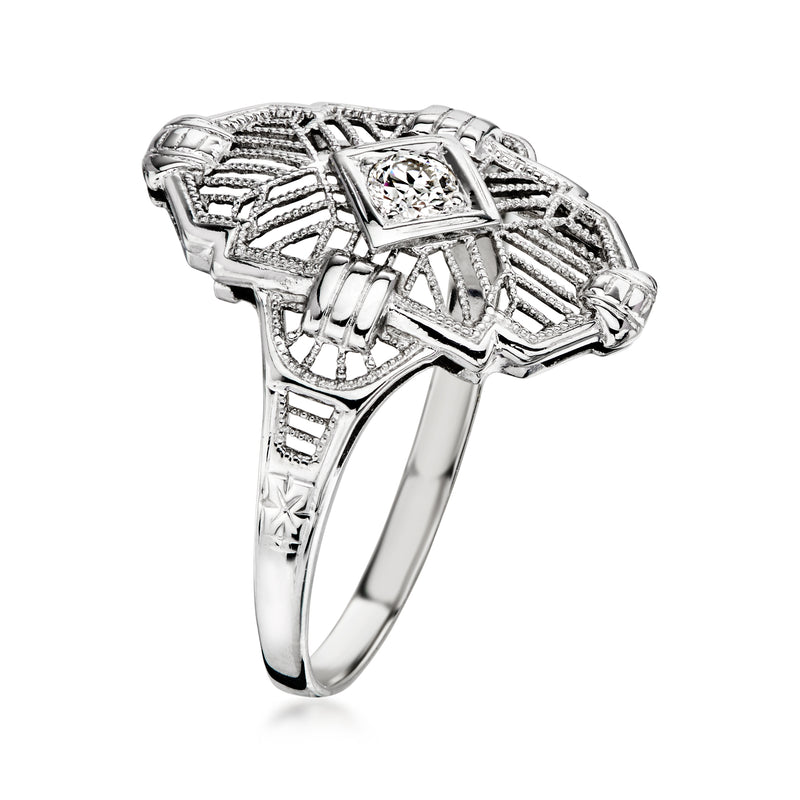 18k white gold diamond ring with square center stone and geometric openwork band