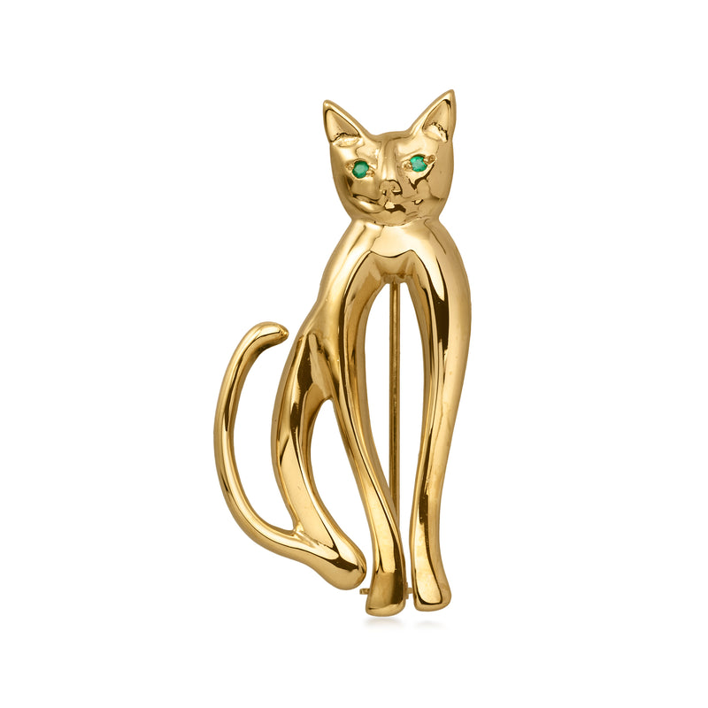 C. 1970 Vintage 14kt Yellow Gold Cat Pin with Emeralds