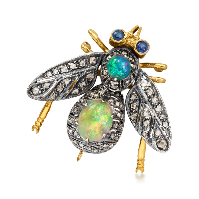 C. 1950 Vintage Opal and .85 ct. t.w. Diamond Bumblebee Pin/Pendant with .10 ct. t.w. Sapphires in Sterling Silver and 14kt Gold Over Sterling