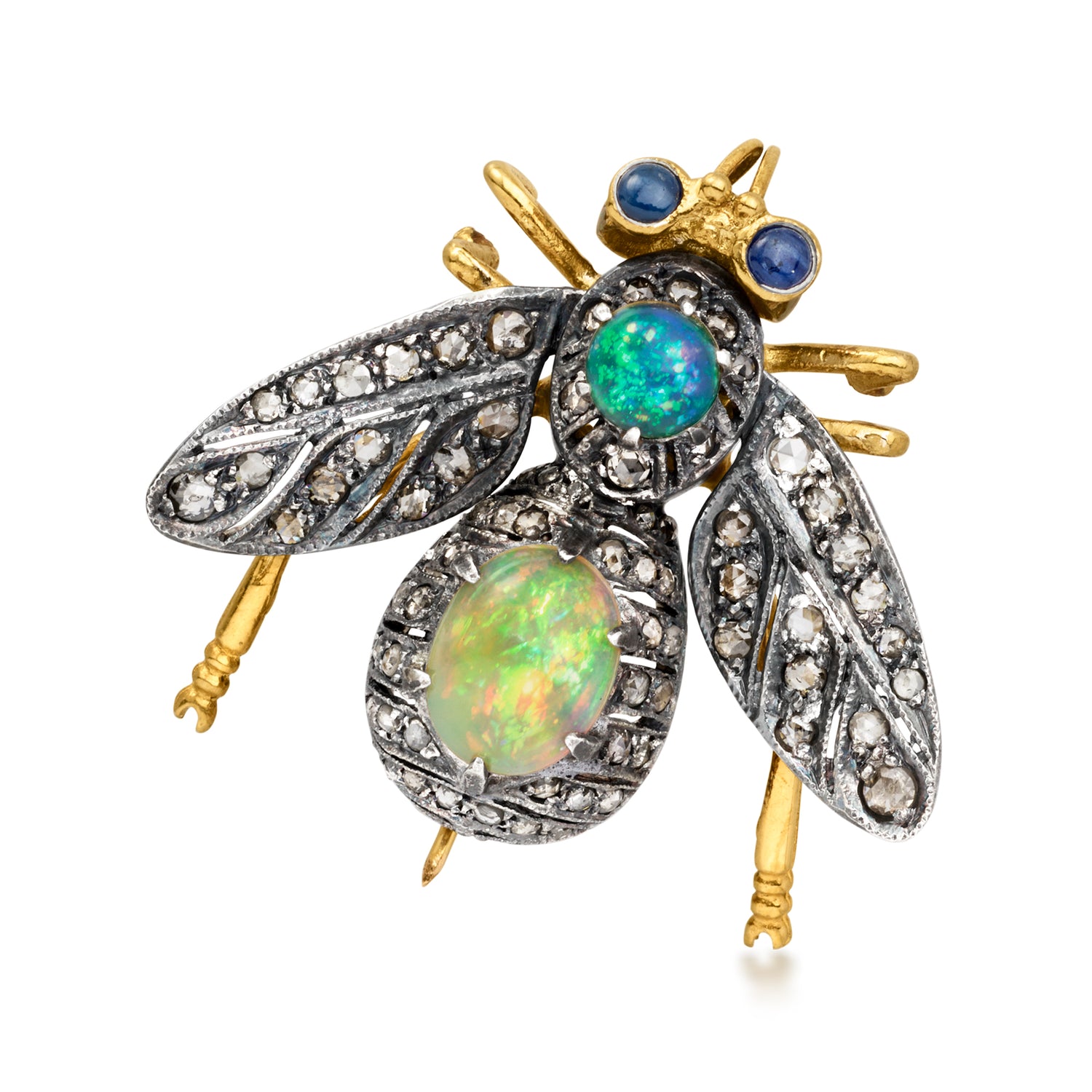 C. 1950 Vintage Opal and .85 ct. t.w. Diamond Bumblebee Pin/Pendant with .10 ct. t.w. Sapphires in Sterling Silver and 14kt Gold Over Sterling