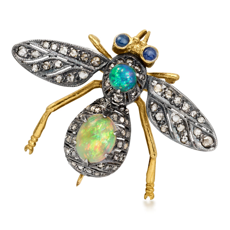 C. 1950 Vintage Opal and .85 ct. t.w. Diamond Bumblebee Pin/Pendant with .10 ct. t.w. Sapphires in Sterling Silver and 14kt Gold Over Sterling