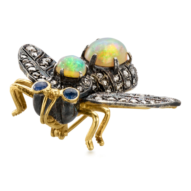 C. 1950 Vintage Opal and .85 ct. t.w. Diamond Bumblebee Pin/Pendant with .10 ct. t.w. Sapphires in Sterling Silver and 14kt Gold Over Sterling
