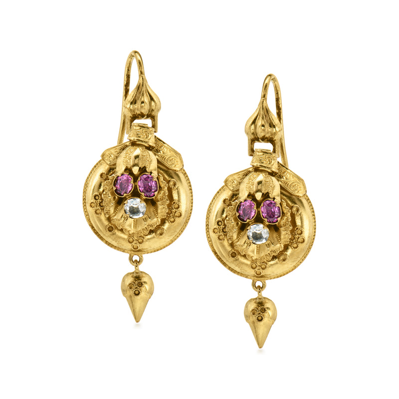 15kt yellow gold drop earrings with purple rhodolite and clear crystal stones