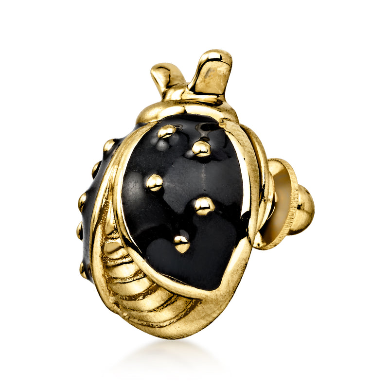 Black enamel beetle pin with raised 14kt yellow gold frame and pin back