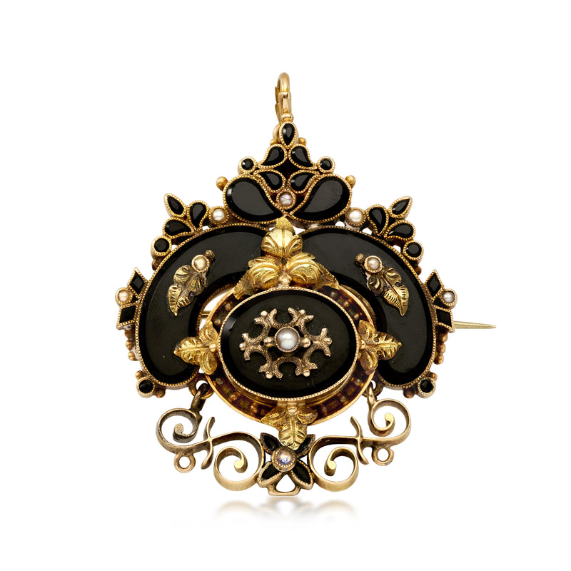 C. 1900 Vintage Onyx and Seed Pearl Fancy Pin/Pendant in 10kt Yellow Gold