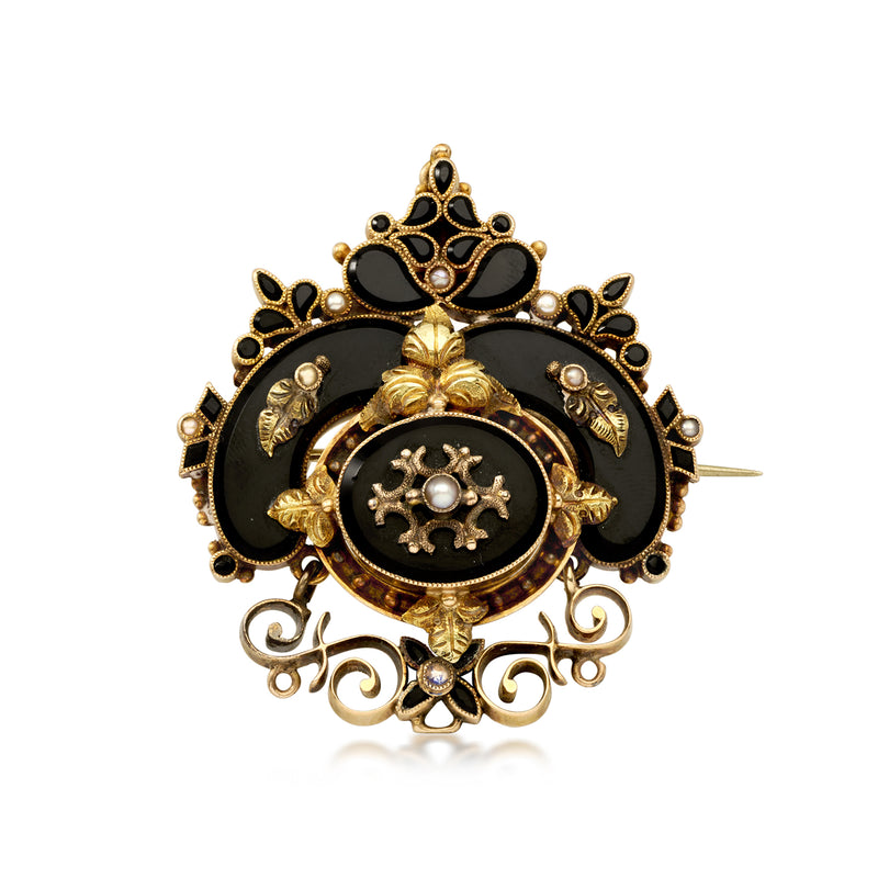 C. 1900 Vintage Onyx and Seed Pearl Fancy Pin/Pendant in 10kt Yellow Gold