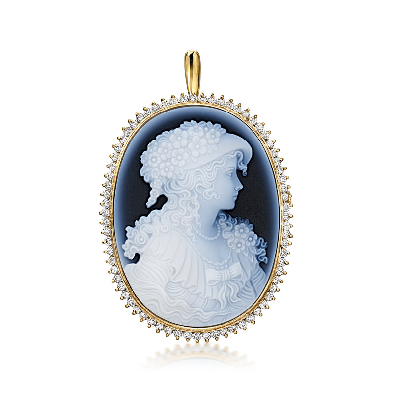 C. 1980 Vintage Black Agate Cameo Pin/Pendant with 1.19 ct. t.w. Diamonds in 18kt Yellow Gold