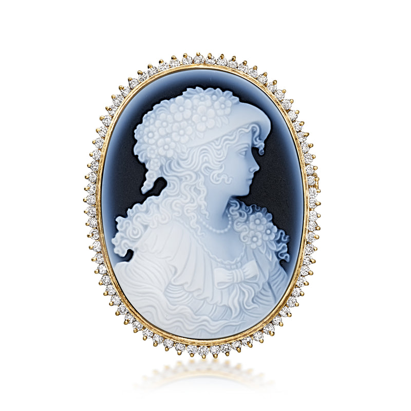 C. 1980 Vintage Black Agate Cameo Pin/Pendant with 1.19 ct. t.w. Diamonds in 18kt Yellow Gold