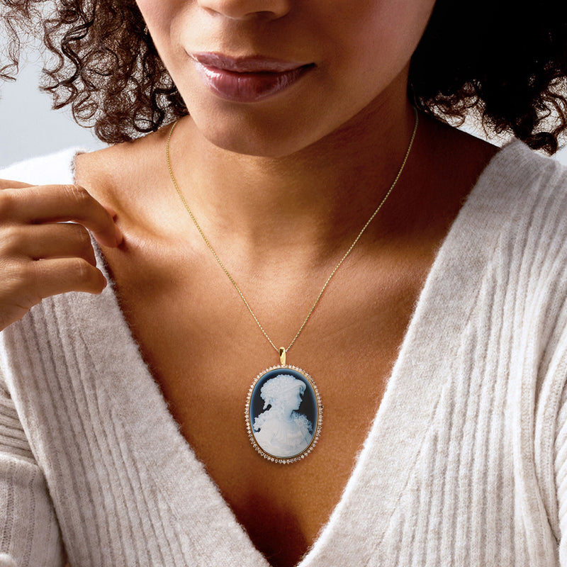 C. 1980 Vintage Black Agate Cameo Pin/Pendant with 1.19 ct. t.w. Diamonds in 18kt Yellow Gold