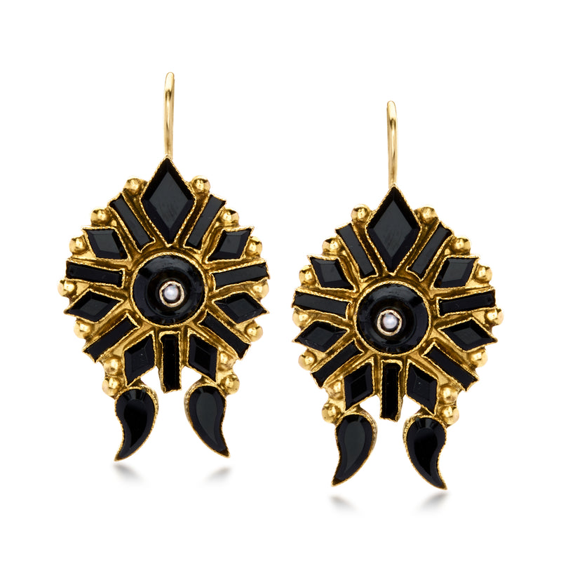 C. 1920 Vintage Onyx Drop Earrings with Seed Pearls in 10kt Yellow Gold