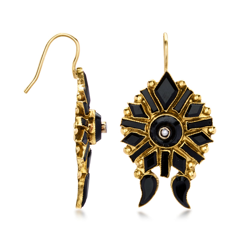 C. 1920 Vintage Onyx Drop Earrings with Seed Pearls in 10kt Yellow Gold