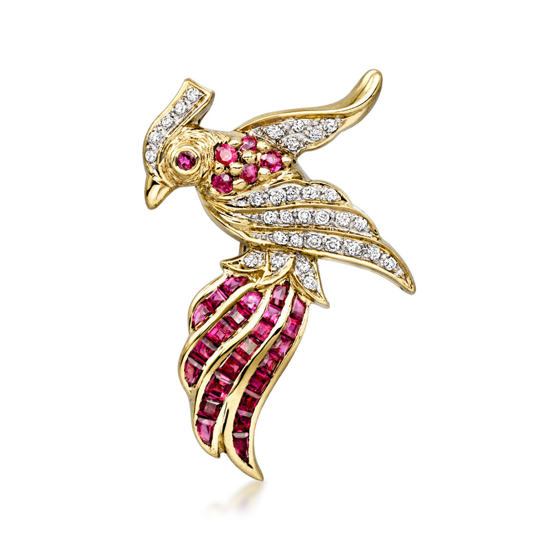 C. 1980 Vintage .72 ct. t.w. Ruby and .25 ct. t.w. Diamond Bird Pin in 18kt Yellow Gold